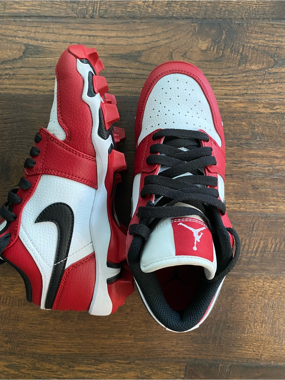 Nike Jordan 1 Low Cleats, Air Jordon, Red, White and Black